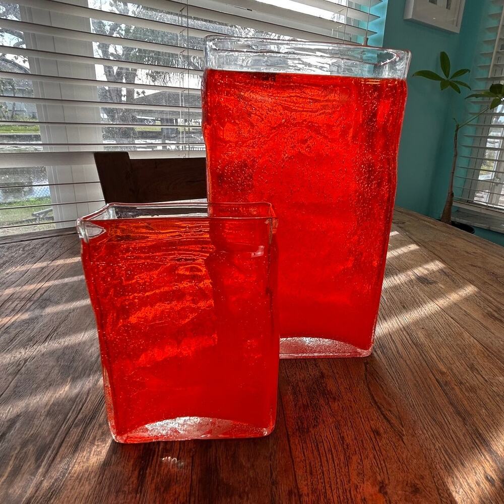 Gorgeous Design Orange Art Deco Set Of 2 Bubbled Glass Vases